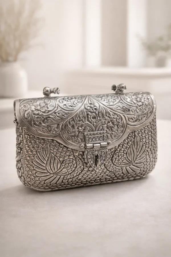Ornate silver metal clutch